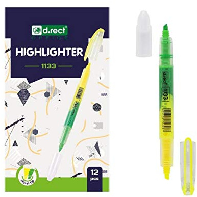 D.RECT 1133 Textmarker mit Schrägkeilspitze Doppelspitzen-Highlighter Gelb Grün x 12 Stück 110725