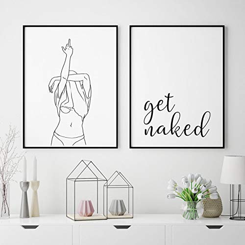 XIANGPEIFBH Schwarz Weiß Sexy Frau Mittelfinger Kunst Leinwand Malerei Lustig Holen Sie Sich Nackt Zitat Druck Home Decor Wandbild Für Badezimmer 40x60cmx2pcs Ungerahmt