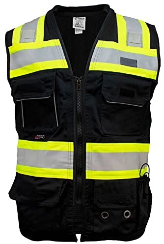 Fierce Safety SU500B Premium Surveyors Class 1 Black Heavy Duty Vest, Tablet Pockets & Neck Padding | 100% Polyester Optimal Breathability | Contrasting Reflective | Meets ANSI Standards