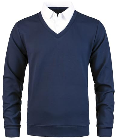 Yukirtiq herrtröja med skjortkrage tröja långärmad 2 i 1 skjorta krage pullover V-ringad finstickad stickad stickad tröja, Blå + vit, L