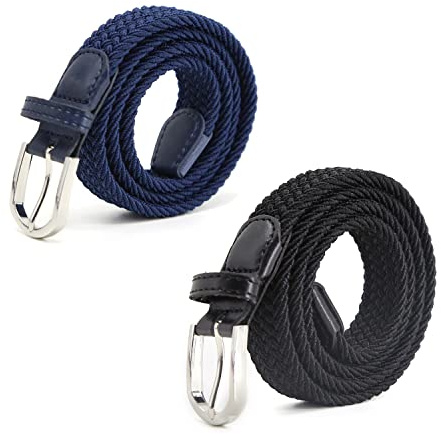 AnJuHoPa stretchbälte flätat elastiskt hållbart bälte nickelfritt spänne tygbälte tillverkat av ekologiskt testat material unisex bälte, Marin och svart, 2-Pack 2.5cm × 80cm