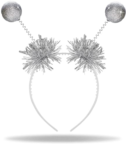 Hatstar Glitzer Alien Haarreif in silver | mit 2 runden Wackel Bommel Bällen | Party Disco Kugeln | Kopfschmuck Accessoire, Karneval, Fasching | Diadem Käfer Fühler Haarschmuck Damen, Herren, Kinder