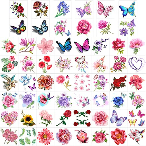 Qpout 60 Blatt Blumen Temporäre Tattoos für Frauen/Mädchen, Rose Temporäre Tattoos Realistisch, Schmetterling Tattoos für Kinder Mädchen, Rose Blume Schmetterling Tattoos Aufkleber für Erwachsene