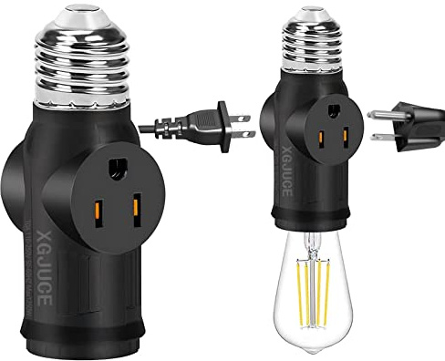 3 Prong Light Socket to Plug Adapter,E26 Outdoor Light with Outlet,E27 Light Bulb to 2/3 Prong Outlet Plug Splitter Converter for Garage Porch CCTV Camera (1, Black)