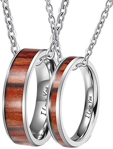 Dsnyu 2 Stück Partner Ketten Gravur I Love You, Holz Einlegen Kette Damen Herren 50CM/ 60CM, Edelstahl Kette Silber Charm