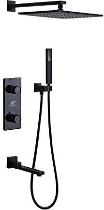DERBUT Brausethermostat Unterputz Brausebatterie Set eckig Regenbrause, Brause für Wasserhähne auf Badewanne schwarz