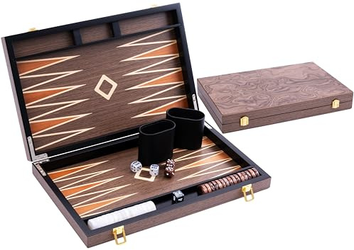 Engelhart - 250546 - Backgammon de Luxe 15 Pouces - Plaqué Bois de Ronces de Noyer Verni - Jeu de Société Classique – Cadeau Élégant - 50 x 39 x 2,5 cm (Ouvert) - Jeux en Bois Marquete