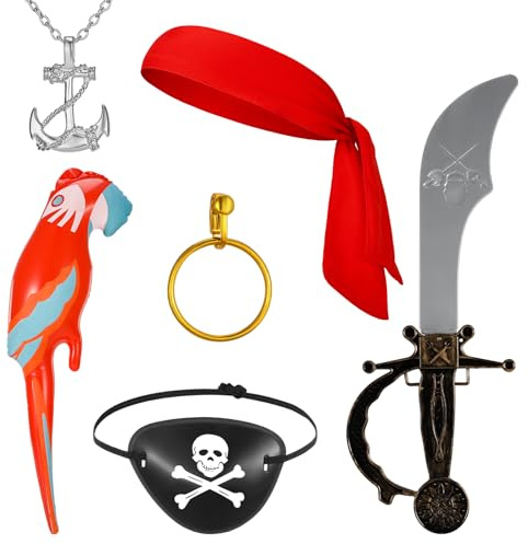 FRIUSATE 6Pcs Pirate Costume Accessories Set, Kids Captain Costume | Includes Eye Patch, Bandana, Earrings, Necklace, Sword, Inflatable Parrot, Pirate Outfit, World Book Day, Halloween