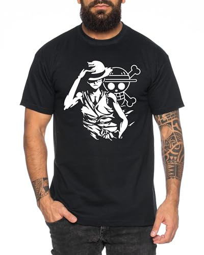 Ruffy Hand - Herren T-Shirt Straw Hat Luffy Zoro One Monkey D. Pirat Ace Piece Goku Anime Ruffy, Größe:XXL, Farbe:Schwarz