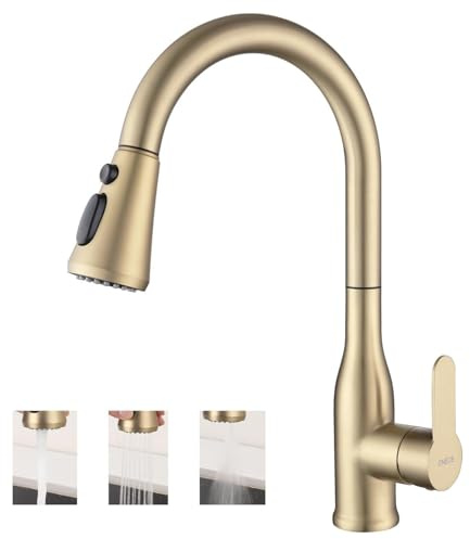 ONECE Robinet de Cuisine Doré avec Douchette, Mitigeur Evier Extractible 3 Jets d'eau, Robinettrie Rotatif 360° pour Evier Double, Acier Inoxydable, Cartouche Céramique, Or