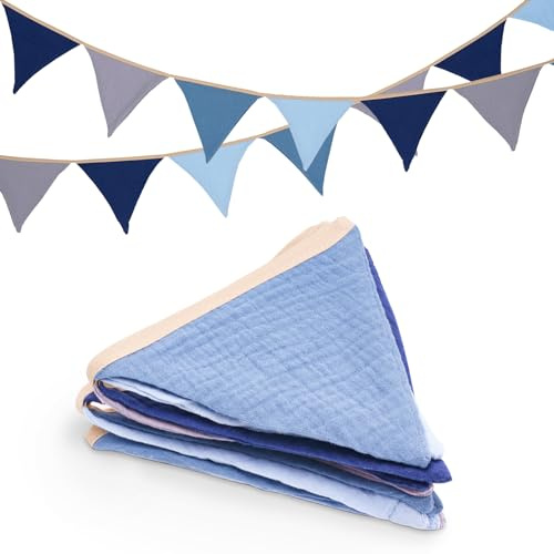 jijAcraft Wimpelkette Kinderzimmer Blau-Grau, 2,8 m Musselin-Stoffgirlande | Doppelseitige Stoff Wimpelkette aus Musselin-Baumwolle, Girlande Kinderzimmer in Blau-Grau für Fenster und Babyzimmer