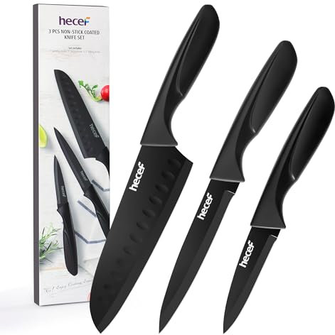 hecef Set Coltelli da Cucina, 3 Pezzi Coltelli in Acciaio Inox con Nero Rivestimento Antiaderente, Manico Ergonomico, Lavabili in Lavastoviglie, Ideali per per principianti e appassionati di cucina