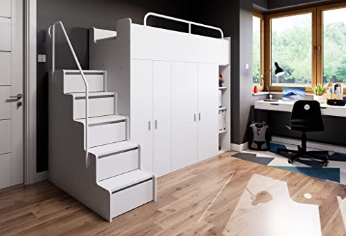 Marlux-Meble Hochbett Kinderbett JSM-2 90x200 mit Zwei Kleiderschränken, Bücherregal und Treppe Hochglanz Etagenbett Stockbett Jugendhochbett (Weiß Glanz)