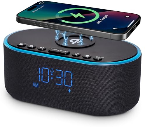 Odokee Wireless Charging Alarm Clock Radio: Qi Certified Fast Wireless Charger for iPhone Samsung - 10W Stereo Bluetooth Speaker - Dimmable Digital Clock with FM Radio for Bedroom Black