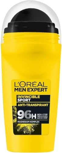 L'Oréal Men Expert Deo für Männer, Effektiver Sport Deoroller ohne Alkohol, Trockenschutz für bis zu 96 Stunden Frische, Invincible Sport, 1 x 50 ml (Packung mit 5)