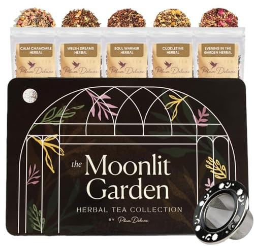 Moonlit Garden Collection Assorted Herbal Tea Gift Set - Hand-Crafted Loose Leaf Teas, Presentation Gift Box with Loose Leaf Steeper Included, Sleepytime Tea - 5 Unique and Flavorful Teas, 75+ Cups