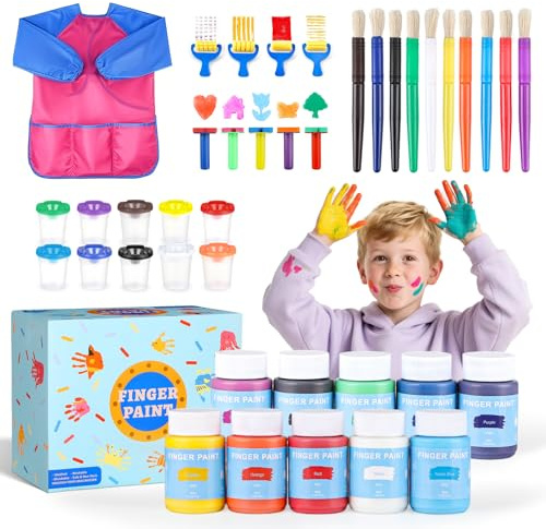 TMOL Washable Paint for Kids, 10 Colors (2 fl oz) 40 Pcs Non-Toxic Finger Paint Kit with Brushes, Sponge, Smock, Toddler Art Supplies for Painting, Craft & School Projects