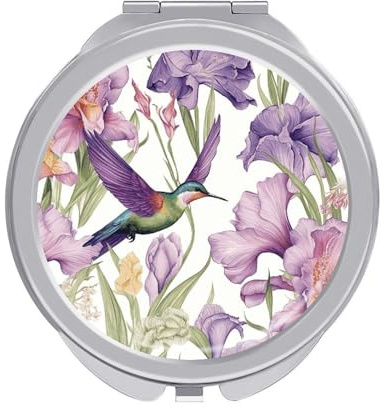 STVNKML Kolibri Schwertlilien Blumen Schminkspiegel, tragbarer Taschenspiegel mit Vergrößerung 1x/2x, kompakter Mini-Schminkspiegel für Zuhause, Unterwegs