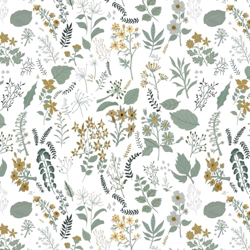 Fiula Selbstklebende Tapete Klebefolie Möbel 41CMx10M Möbelfolie Selbstklebend Blumentapete Blätter Dekorfolie Küche Weiß Wassdicht DIY Wohnzimmer Grün Gelb Floral Wallpaper Blumen