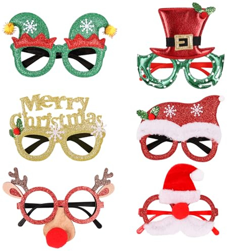 6 Stück Lustige Weihnachtsbrillen,Weihnachtsbrillen Elchnase & Elf Weihnachten Brillen Rahmen Elch Nase Partybrillen Erwachsene Kinder Deko Weihnachten Party