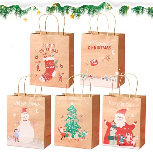 Koxtyzo 15 Stück Geschenktüten Weihnachten, 5 Stile Weihnachtstaschen aus Kraftpapier, Weihnachtstüten Geschenktüten mit Henkel, Papiertüten Weihnachten für Partygeschenke, 23x18x9.5cm