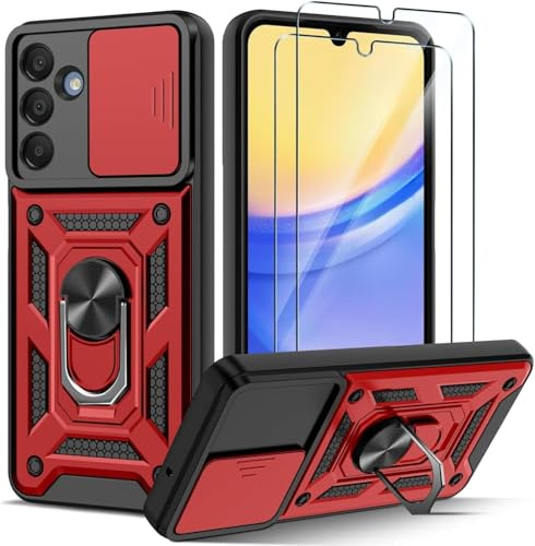 PIXFAB for Samsung Galaxy S25 FE Case with 2 x Screen Protector Tempered Glass, Shockproof Case with Camera Lens Protection, Protective Ring Armour Phone Case Cover with [Kickstand] - Red
