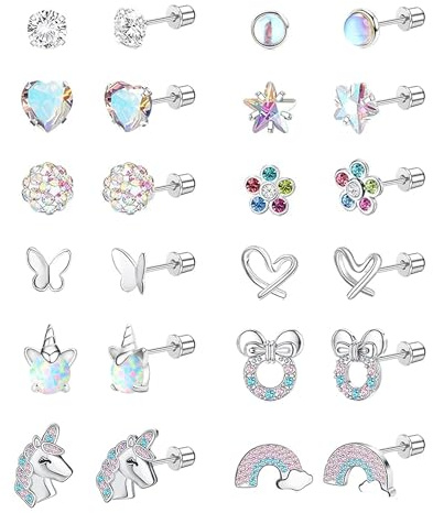 LOFITOR 12 Paar Ohrringe für Mädchen Kinder Medizinische Ohrstecker Set | 316L Chirurgenstahl Hypoallergen Gesundheitsstecker Ohrringe Set Aus Edelstahl Mit Regenbogen, Bär, Blume, Herz Und Stern