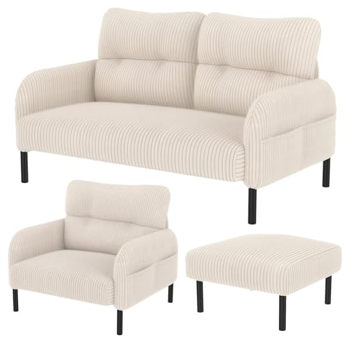 Modulares Samt-Sofa-Set - 3-teilige 2-Sitzer-Couch, ergonomische Stühle mit Seitentaschen, stabiles Metall- & Holzgestell, ideal für Wohnzimmer & kleine Räume