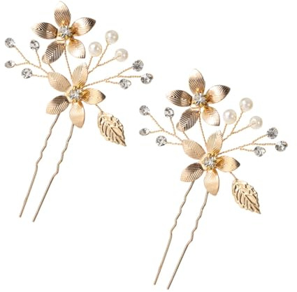 Alipis Lot de 2 Épingles à Cheveux en Alliage de Zinc Doré Forme Fleur à 5 Pétales avec Feuilles Fourchettes en U pour Mariée et Demoiselle d'Honneur Accessoires Cheveux Mariage