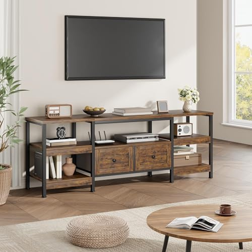 Crevyteg TV-Schrank, Fernsehschrank, Lowboard mit 2 Schubladen, 5 Offenen Fächern, für Wohnzimmer, Unterhaltungsraum, TV-Regal 200 x 40 x 65cm für Fernseher bis zu 85 Zoll, Industrie-Design, Vint