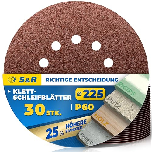 S&R 30 Discos Abrasivos 225mm Velcro P60, 10 Agujeros, Disco de lija 225 Lijadora Jirafa, Discos para Lijadora Excéntrica & Girafa, Papel de Lija para Pared, Techo, Placa de Yeso
