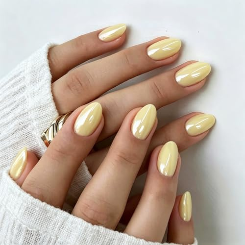 SXVME Chrome Pastel Yellow Press on Nails Short Oval, 32 Pcs 16 Sizes Glazed False Nails with Sparkle Mirror Design, Thick Shiny Glitter Fake Nails Almond, Stick on Nail for Women Manicure Gift
