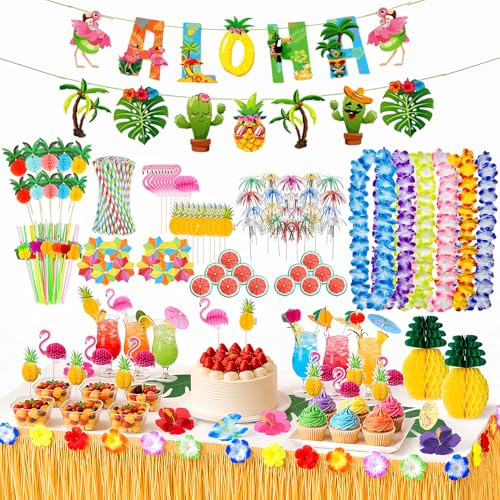 Mtjkkpo Hawaiian Tropical Party Decoration Set, 131pcs Cocktail Accessories Drinks with Grass Table Skirt Hawaii Garland Umbrellas Straws Sparkler Sticks Cake Toppers Bar Birthday Picnic Beach