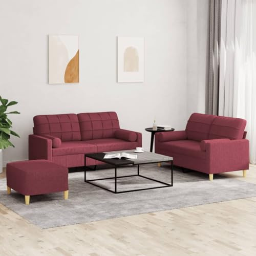 Augerqir 3-TLG. Sofagarnitur Weinrot Stoff 2-Sitzer Couch mit Zierkissen und Fußhocker, Polstergarnitur mit bequemer Polsterung, Armlehne, Rückenlehne für Wohnzimmer und Büro
