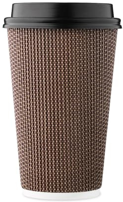 [85 SET]Harvest Pack 16 oz Disposable Coffee Cups, Insulated Ripple Double-Walled Paper Cups with Lids, Brown Geometric, Hot Paper Cups for Tea Chocolate Party Drinks To go coffee cups