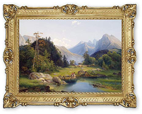 Lnxp Wunderschönes Gemälde 90x70 cm Künstler; J. Holzer ´Voralpine Landschaft ´Bild Bilder Barock Rahmen Antik Repro Renaissance als Gemälde 58B