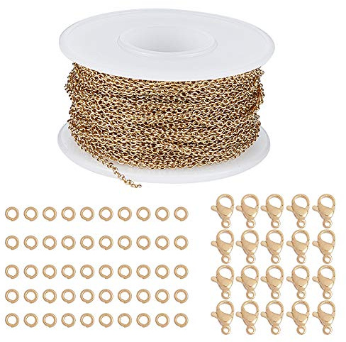 SUNNYCLUE 10m/roll Gold Stainless Steel Curb Cable Chains Link Spool Bulk Necklace Width 2mm with 20 Lobster Clasps and 50 Jump Rings for Jewelry Bracelet Necklace Pendant Making