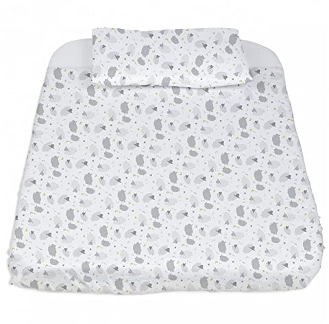Chicco Juego de Sábanas Minicuna Next2Me, 3 Piezas 50 x 83 cm, Algodón, Sábana Bajera y Funda Edredón y Funda de Almohada 25 x 32 cm, Accesorio Cuna Bebés +0 Meses -Blanca y Gris Ovejitas