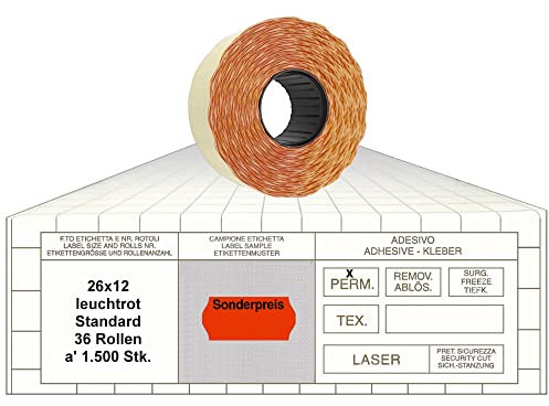 Preisauszeichner Etiketten Sonderpreis 26x12 Standard leuchtrot 36 Rollen permanent Preisetiketten für Smart Printex Tovel Contact Meto Blitz Open