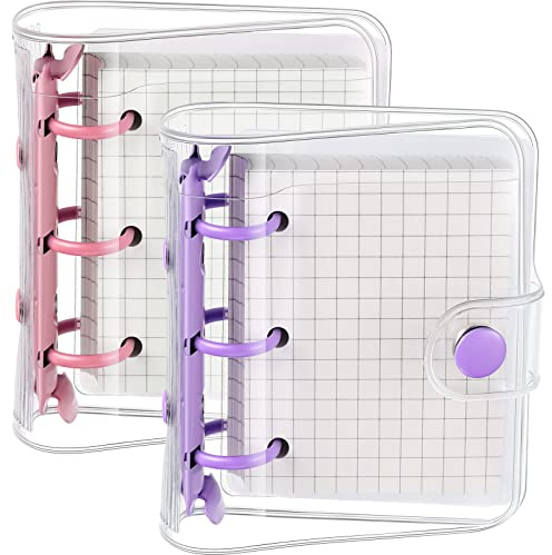 Zonon 2 Sets Mini Transparent Ringbuch Hüllen mit 3 Ringen und Innen Papier Mini Notizbuch Durchsichtig PVC Notizblock Scrapbook Handlich Taschengröße Ringbinder mit Druckknopfverschluss (Rosa, Lila)
