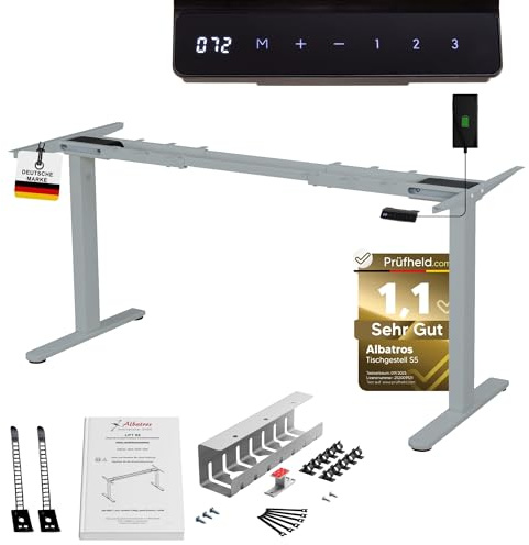 ALBATROS Schreibtisch-Gestell Lift S5S + Kabelkanal, Silber, 2X Motoren, elektrisch höhenverstellbar mit Memory-Funktion, Kollisionsschutz und Soft-Start/Stop