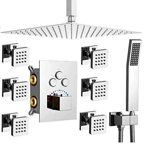 Ksunun Columna Ducha Termostatica, Set De Ducha, Sistema De Ducha Empotrado, Columna De Ducha para BañO Incluir Alcachofa De Ducha, Ducha De Mano Y Boquilla De Masaje, Juego De Ducha Empotrado