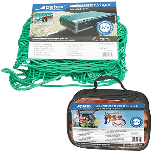 PETEX Anhängernetz 2,5 x 4,5 m, grün inkl. Ladungssicherungsset, 10-teilig