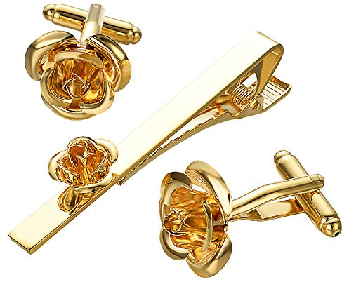 RunootPR Krawattennadel Set Gold Silber Rose Krawattenklammer Manschettenknöpfe Personalisiert für Herren Hochzeit Geschäft Parteien Herrenschmuck mit Geschenkbox