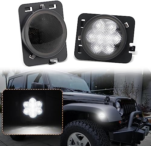 Aexploer Side Marker Lights Compatible with Wrangler JK 2007-2018 Front Fender Full LED Lamp Assembly Smoked Lens (White Light)