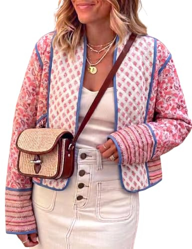 Omoone Giacca trapuntata da donna con stampa floreale, leggera, aperta sul davanti, imbottita, 01 rosa, X-Small