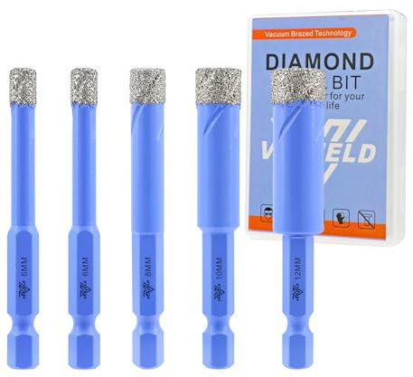 Punte da Trapano Diamantate 6/6/8/10/12mm - 5 Pezzi Punte per Piastrelle per Porcellana Ceramica Marmo Granito - Attacco Esagonale a Cambio Rapido con Custodia