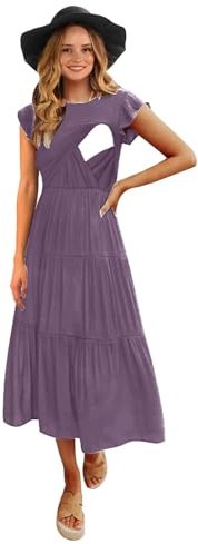 CzzzyL Women Nursing Dresses for Women Short Sleeve Smocked Maternity Cotton Summer A Line Sundresses(Purple,Large)