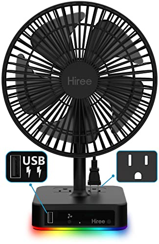 Hiree Desk Fan with USB Charging Port, 6.7 Inch 2 Speeds Small Desktop Table Fan with USB Charger, AC Outlet and LED Light, Strong Wind, Quiet Operation - Suitable for Bedroom, Home, Dorm Room