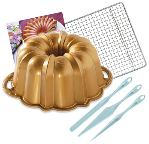 Nordic Ware Original Gold Anniversary Bundt Pan Holds 12 Cups With Cake Finishing Tool Kit + Cooling Rack and Recipe Card
